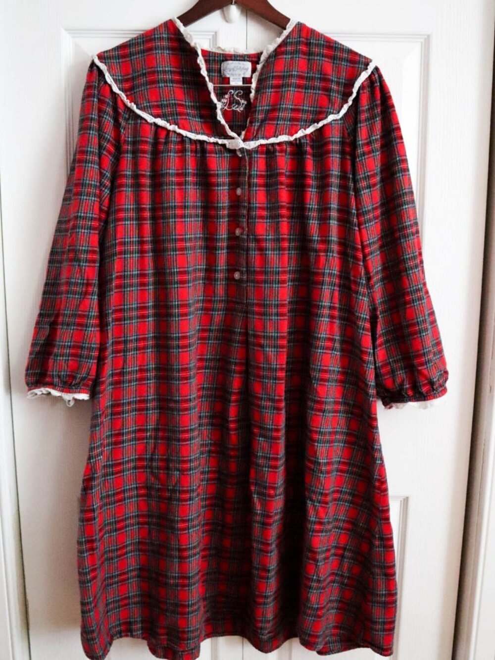 Lanz of Salzburg 100% Cotton Flannel Nightgown Red Tartan Plaid Lace Sz XL